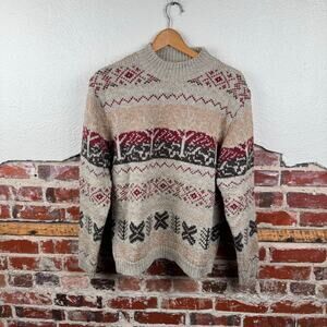 Vintage Baxter Wells Sweater Large Brown Red Fair Isle Wool Blend Crewneck 90s
